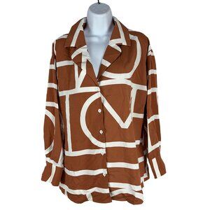 Geometric Pattern Brown & White Womens Button-Up Shirt Size Medium